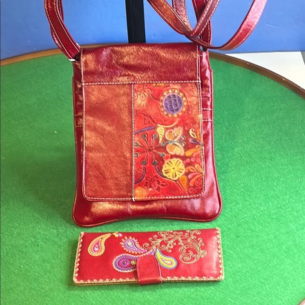 G&P CREACIONES RED FLORAL  CROSSBODY BAG & LAVISHY RED EMBROIDERED WALLET